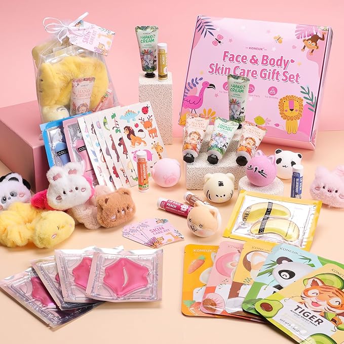 70PCS Animal Spa Party Supplies for Girls, Spa Party Favors Kit Include Girls Face Mask, Lip and Eye Mask Set, Lip Balm, Hand Cream and Foot Bath Bombs, Spa Birthday and Sleepover Party Supplies Gifts