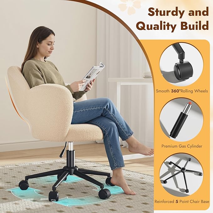 Petal Vanity Chair, Cute Vanity Chair with Wheels, Height Adjustable, Velvet Desk Chair for Study, Makeup & Relaxation, Creamy Beige