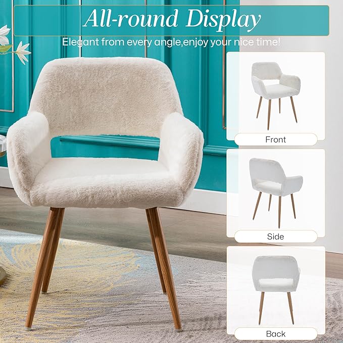 Home Office Faux Fur Desk Chair, Fluffy Makeup Vanity Chair, Comfy Accent Armchair with Wood Grain Metal Legs, Cute Dining Chair with Hollowed Back, White