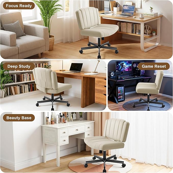Criss Cross Chair with Wheels - Wide Seat Cross Legged Office Chair with Flip-up Arms - Comfy Swivel Rolling Desk Chair with Thick Cushion and Rocking Function for Home Office Vanity Bedroom
