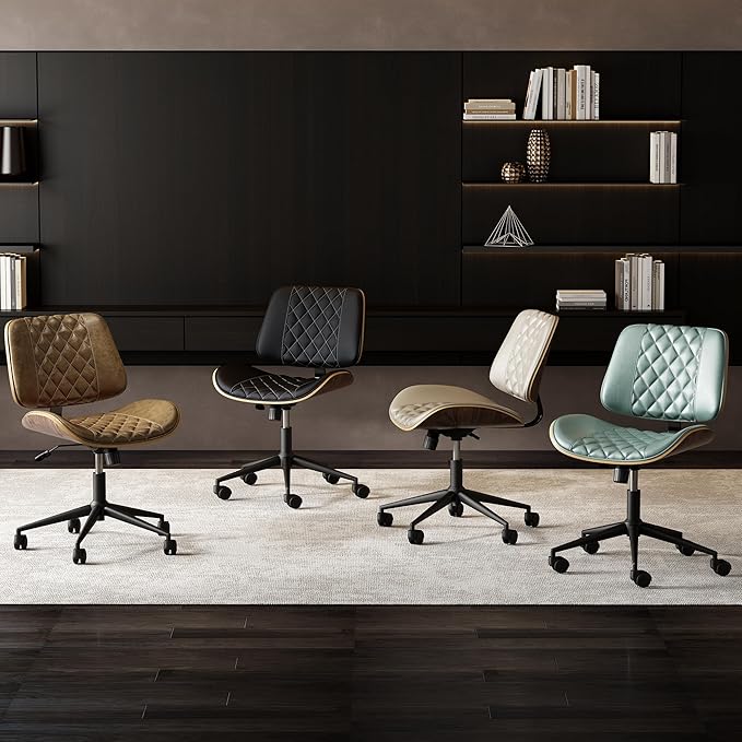 Home Office Chair No Arms with Wheels, Armless Adjustable Height Small Desk Chair, Armless PU Leather Computer Chair Mid Back 360 Swivel, Modern Walnut, Reading Meeting Room (Green)