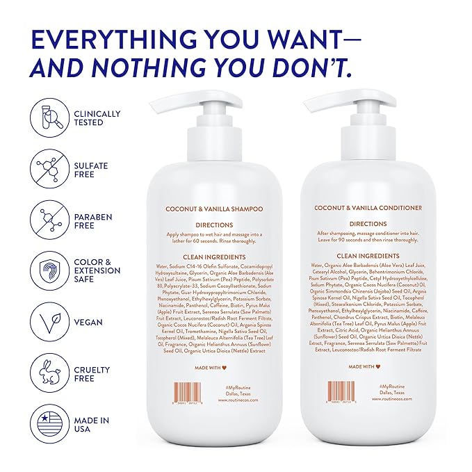 Routine Wellness Shampoo and Conditioner Set and Scalp Serum for Thinning Hair - DHT Blocker Women & Men - Color Safe Shampoo for Hair Loss & Healthier Hair - Coconut Vanilla Set