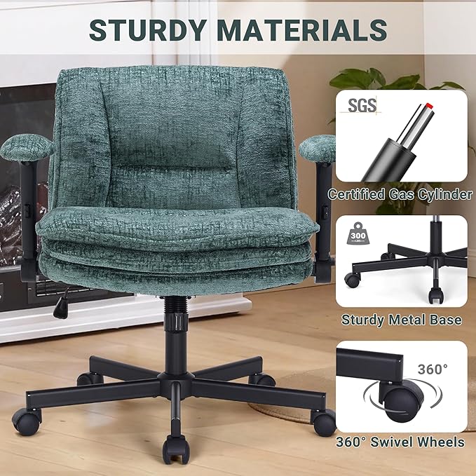 Criss Cross Chair with Wheels and Flip Arms, Upholstered Cross Legged Office Chair with 3 Layer Cushions&Dynamic Airbag Lumbar Support, Wide Seat Comfy Desk Chair for Home Office, Living Room, Green