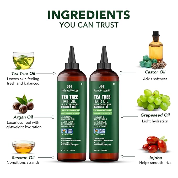 Botanic Hearth 100% Pure Tea Tree Hair Oil For Hair Growth & Hair Treatment Oils 6.7 Fl Oz, 2 Pack|Infused with coconut Oil|Hair Oil Repairs Dry Damaged Hair, Strengthening, Healthier| All Hair Types