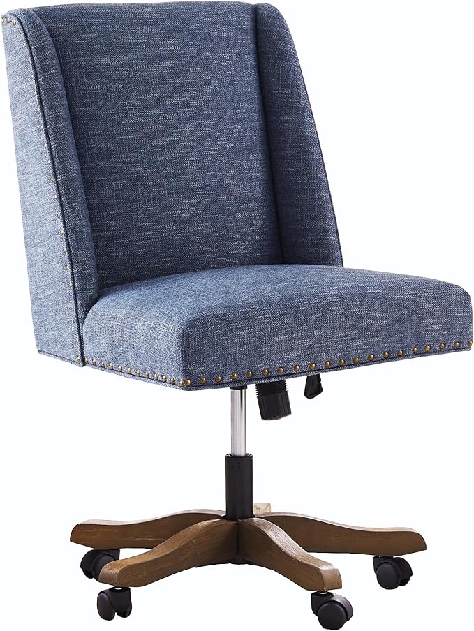 Armless Home Office Chair with Wooden Legs, Modern Adjustable Upholstered Office Desk Chair No Arms Computer Chair Swivel Chair for Home Office Study Studio (Blue)