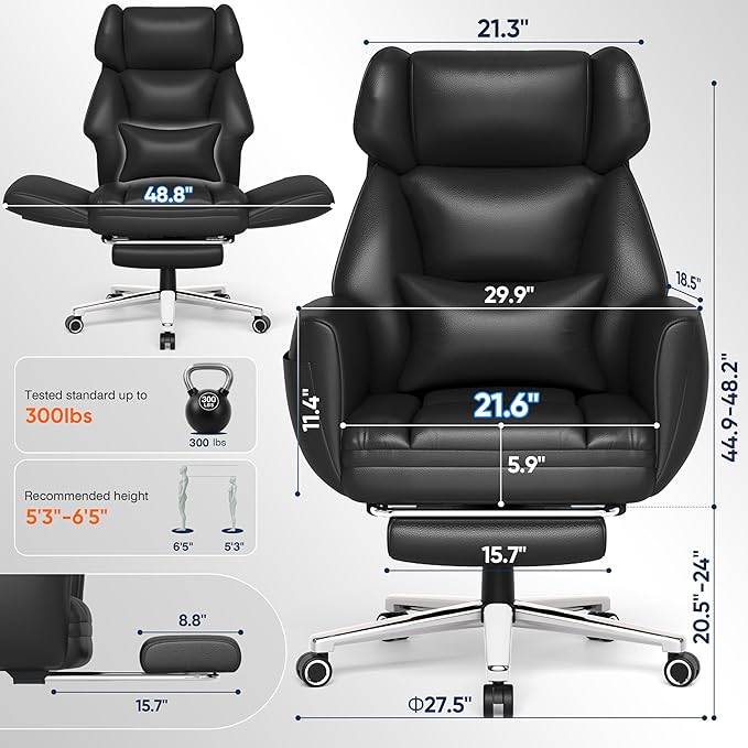 GABRYLLY Ergonomic Chair with Footrest – Wide Cross Legged Chair with Reversible Armrests, 120°Tilt, Lumbar Support,Heavy-Duty Base, Big and Tall Executive Chair Plus, Black, GY82766