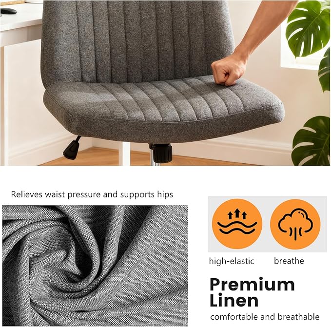 FDW Criss Cross Chair with Wheels Cross Legged Office Desk Modern Swivel Height Adjustable Wide Seat Computer Task Vanity Chair Comfy Fabric Armless Seating for Home Office