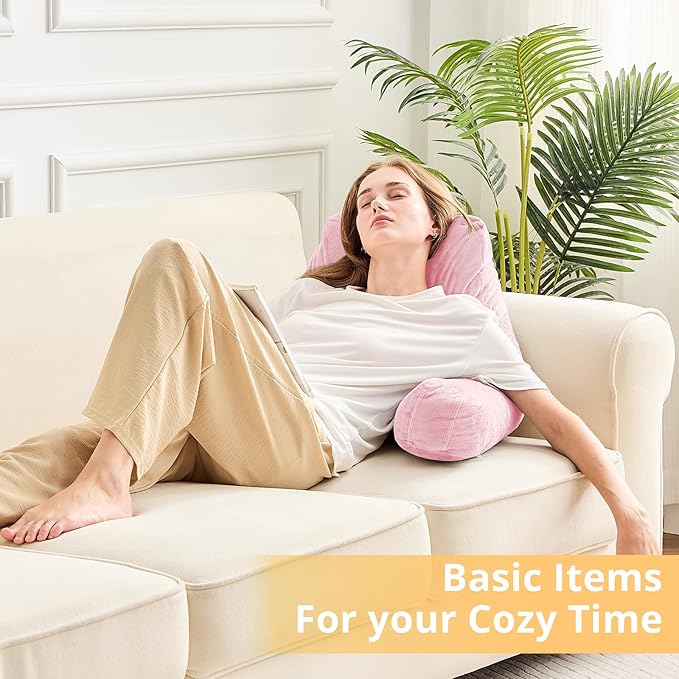Sasttie Reading Pillow, Velvet Back Pillow for Bed Sitting Up, Adult Back-Rest Support Cushion with Arms for Sit Up on Couch, Sofa, and Floor, Dorm Essentials, Reading Accessories, Pink