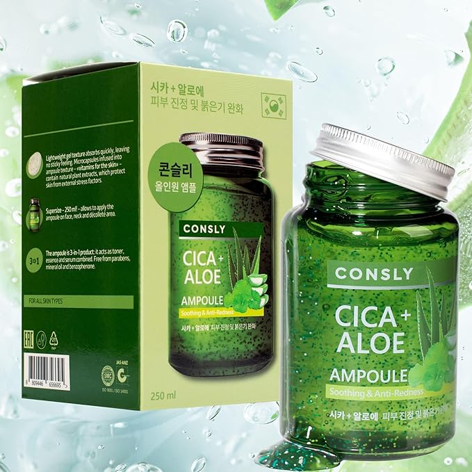 Cica & Aloe All-in-One Ampoule – Soothing Hydrating Gel Serum, 3-in-1 Toner Essence Serum for Sensitive Skin, Lightweight Facial Serum for Face & Neck, 250 ml / 8.45 fl oz