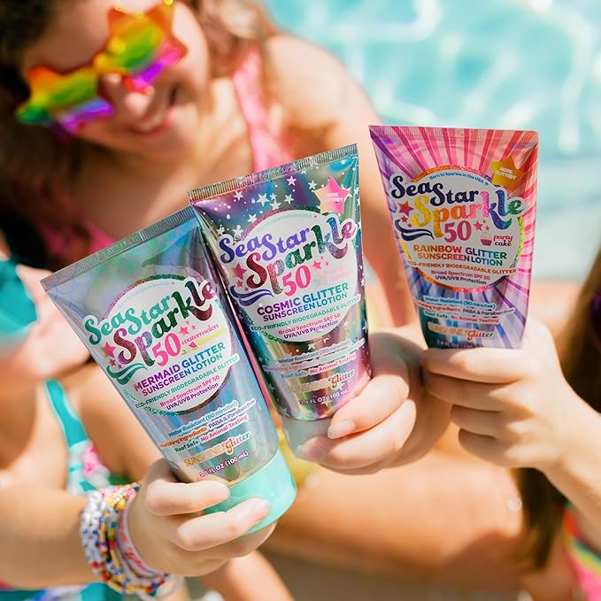 Seastar Sparkle - Cosmic Marshmallow Scented Glitter Sunscreen Lotion - SPF 50 - Biodegradable Sunscreen, Kids, Water Resistant, Glitter lotion, Cruelty Free, Kids Lotion, Made in USA, 3.4oz