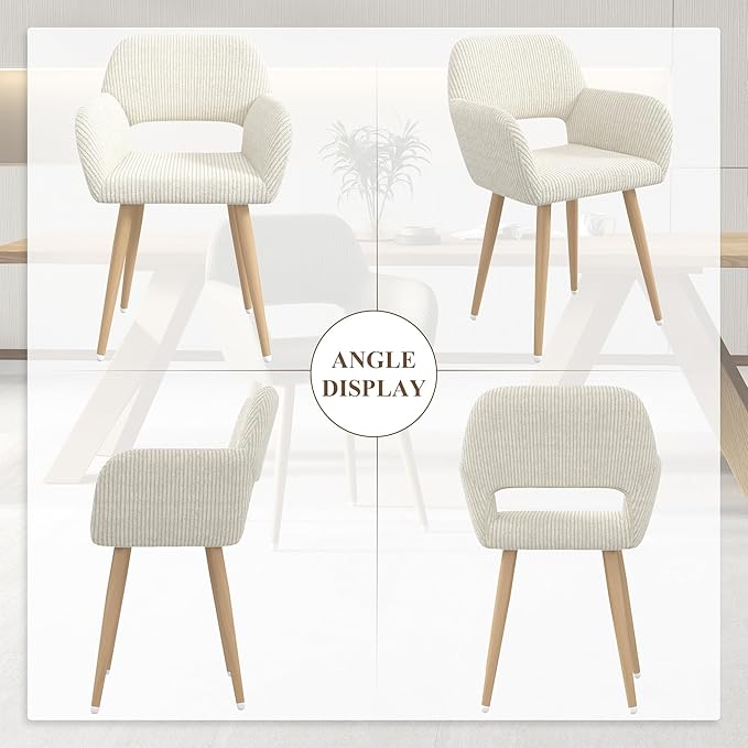 Home Office Desk Chair Set of 2, Corduroy Fabric Vanity Chair for Makeup with Hollow Backrest, Comfy Armchair Wood Frame with Strudy Metal Legs, Beige