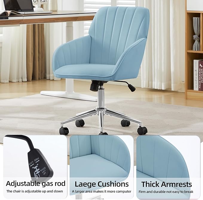 YITAI Velvet Office Desk Armchairs with Silver Base and Wheels,Modern Height Adjustable 360 Degree Swivel Upholstered Vanity Chairs for Living/Room Bedroom/Study,Light Blue