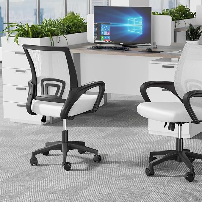 Home Office Chair, Ergonomic Mid-Back Mesh Desk Chair with Lumbar Support, Adjustable Swivel Rolling Design, Comfy Armrest for Work, Study, Gaming, Vanity (White, Double Chair)