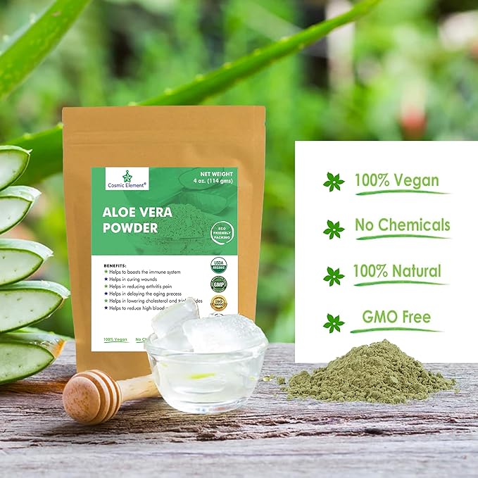 Cosmic Element Organic Aloe Vera Powder - 100% Pure Leaf Gel | Hydrating After Sun Care, Moisturizing for Face, Body & Skin | Ideal for Sun Burn, Acne, and Dry Skin - Aloe Vera Powder for Hair - 4 oz