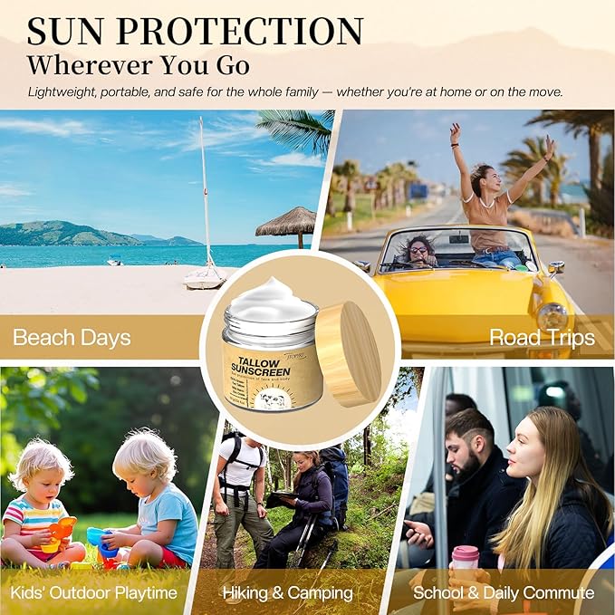 Beef Tallow Sunscreen: Tallow with Zinc Oxide & Beeswax - Natural Moisturizing Protection for Dry Sensitive Skin & All Ages, Non-Greasy Formula 60g