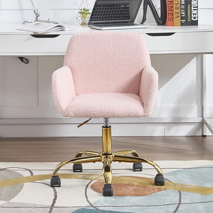 KCC Faux Fur Vanity Makeup Desk Chair, Comfy Fluffy Swivel Modern Leisure Armchair with Wheels, Upholstered Fuzzy Height Adjustable for Teens Women Girls Elegant Home Office, Pink