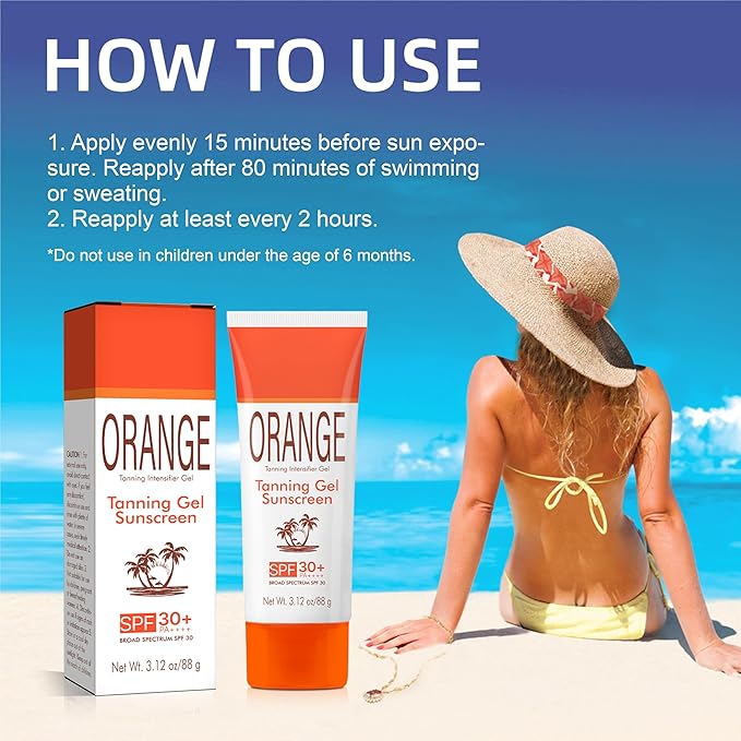 Orange Tanning Gel Sunscreen SPF 30+ – Hydrating Balm-to-Oil Bronzing Formula with Coconut Oil, Vitamin E & A – Non-Greasy Sunblock for Smooth, Glowing Skin – 3.12 oz (1)