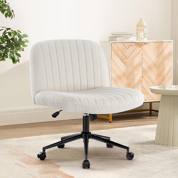 IWMH Criss Cross Chair Cross Legged Office Chair with Wheels Armless Wide Seat Desk Chairs Height Adjustable Computer Task Chairs Swivel Vanity Chair for Home Office Bedroom Make Up Teddy Fabric White