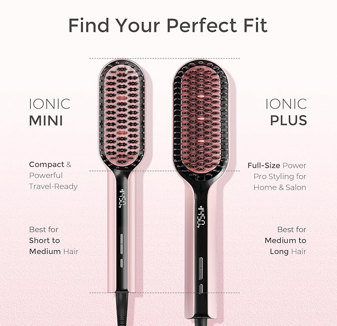 TYMO Hair Straightener Brush, Upgraded Ionic Compact Straightening Brush for Women with Wave-Design Bristles, Fast, Smooth Styling, Lightweight Hot Comb & Travel Flat Iron, 1 Billion Ions, Pink