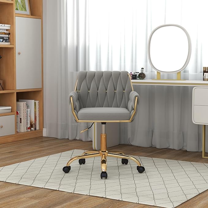 Velvet Home Office Chair, Modern Height Adjustable Cute Vanity Chair, 360° Swivel Makeup Chair Desk Chair with Golden Base and Hand Woven Backrest for for Bedroom/Study/Vanity(Light Gray)