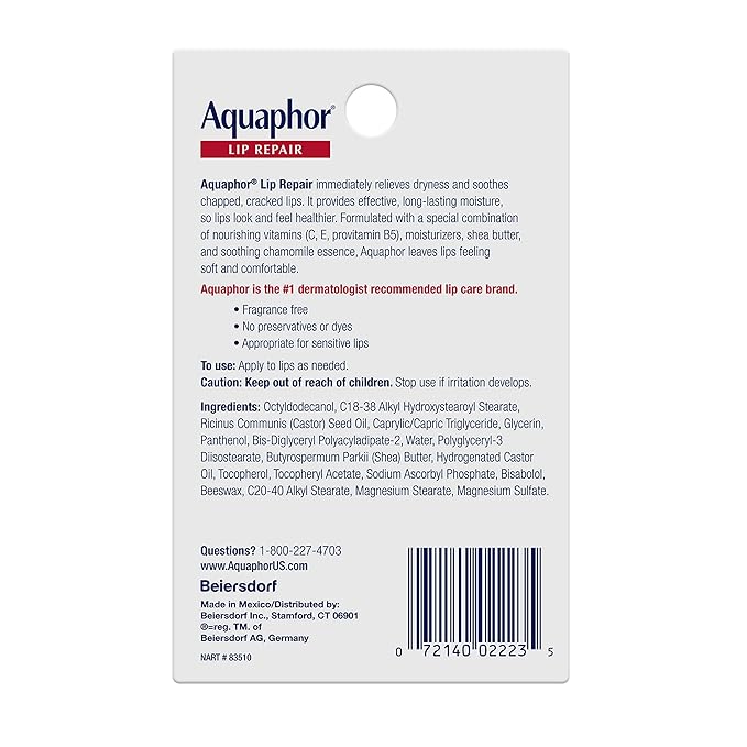 Aquaphor Lip Repair Ointment, Moisturizing Lip Balm Pack, Relieves Dryness, 0.35 Tube, Pack of 2