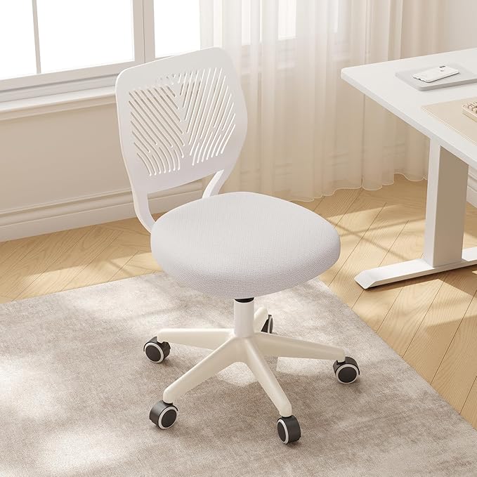 Armless Desk Chair, Height Adjustable Swivel Office Rolling Task Chairs with Soft Mesh Padded Cushion, Ergonomic Small Study Computer Chair for Girls Boys Teens (White, 2PCS)