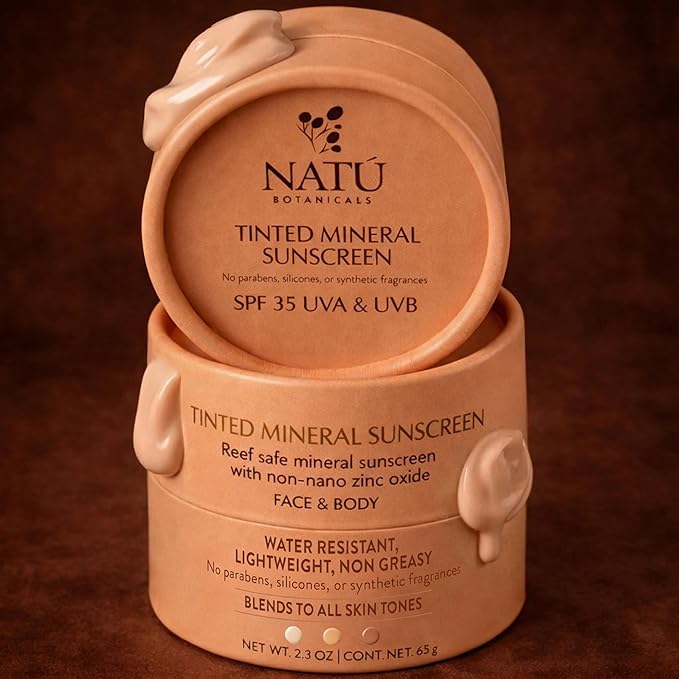 NATÚ BOTANICALS Tinted Mineral Face and Body Sunscreen SPF 35 - Mineral Zinc Oxide Sunblock Lotion - Broad-Spectrum UVA & UVB Protection - Lightweight & Gentle for Sensitive Skin - Reef Safe