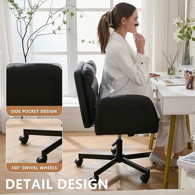 Criss Cross Chair with Flip-Up Arms & Swivel Wheels, Vanity Chair with Adjustable Height & Side Pockets, Comfortable Wide Seat Reclining Computer Office Desk Chairs for Home Office, Make Up, Bed Room