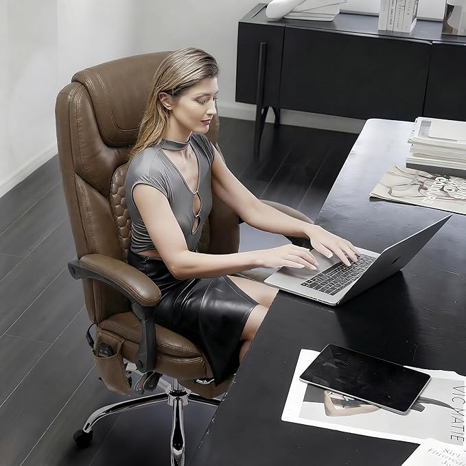 Massage Office Chair with 3-Level Heat and Footrest – 20-Min Easy Assembly, 300 lbs Big and Tall Reclining Desk Chair, PU Leather Ergonomic Executive Computer Chair with Side Pocket, Brown