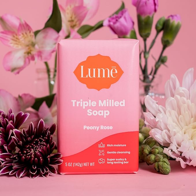 Lume Triple Milled Bar Soap - Rich Moisture & Gentle Cleansing - Paraben Free, Phthalate Free, Skin Safe - 5 ounce (Pack of 4) (Peony Rose)
