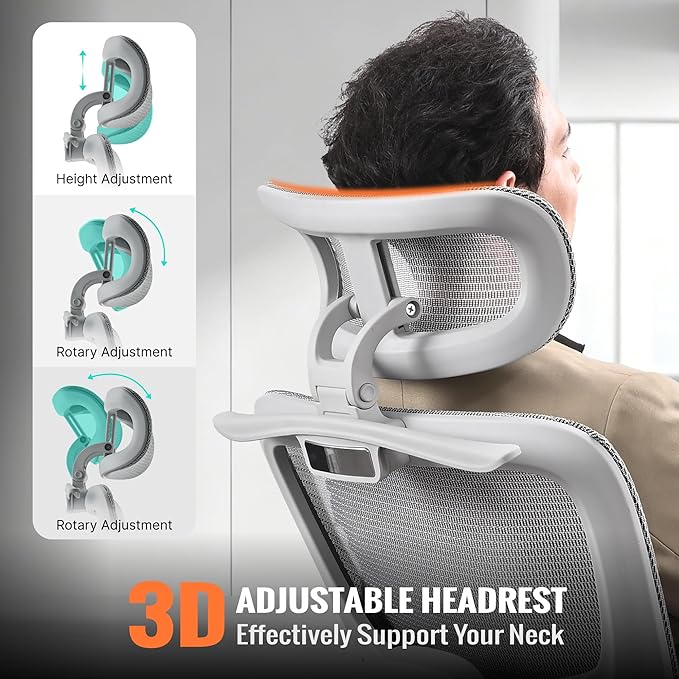 Ergonomic Mesh Office & Gaming Chair with Footrest, High Back Home Office Desk Chair, Comfortable Lumbar Support, 130° Tilt, Adjustable 3D Armrest & 2D Headrest (Grey)