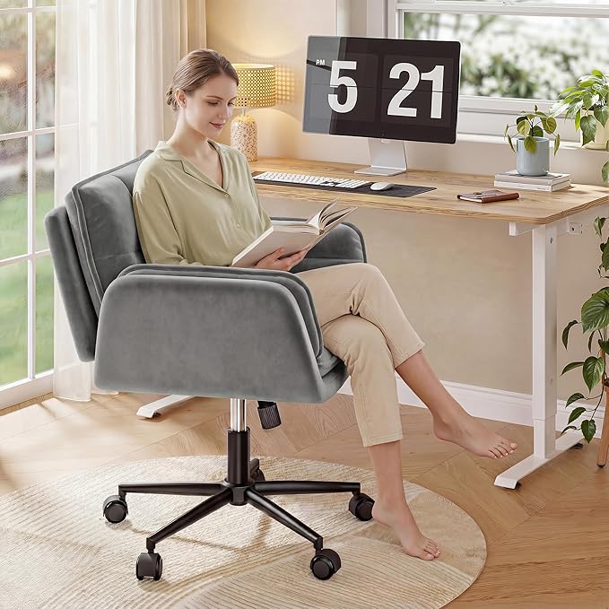 Criss Cross Chair with Wheels, Ergonomic Office Chair with Adjustable Armrests, Vanity Chair with Back for Bedroom, Makeup Room and Office Room, Gray