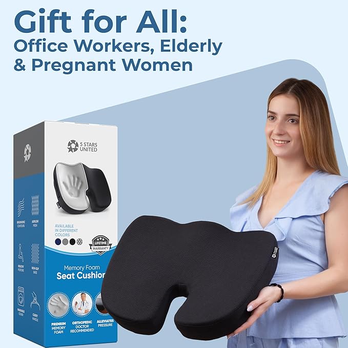 5 STARS UNITED Seat Cushion for Tailbone Pain Relief â Memory Foam Cushion for Coccyx, Hemorrhoid, Sciatica & Post-Surgery Recovery â Wheelchair, Car, Desk, Gaming & Office Chairs, Arctic Black