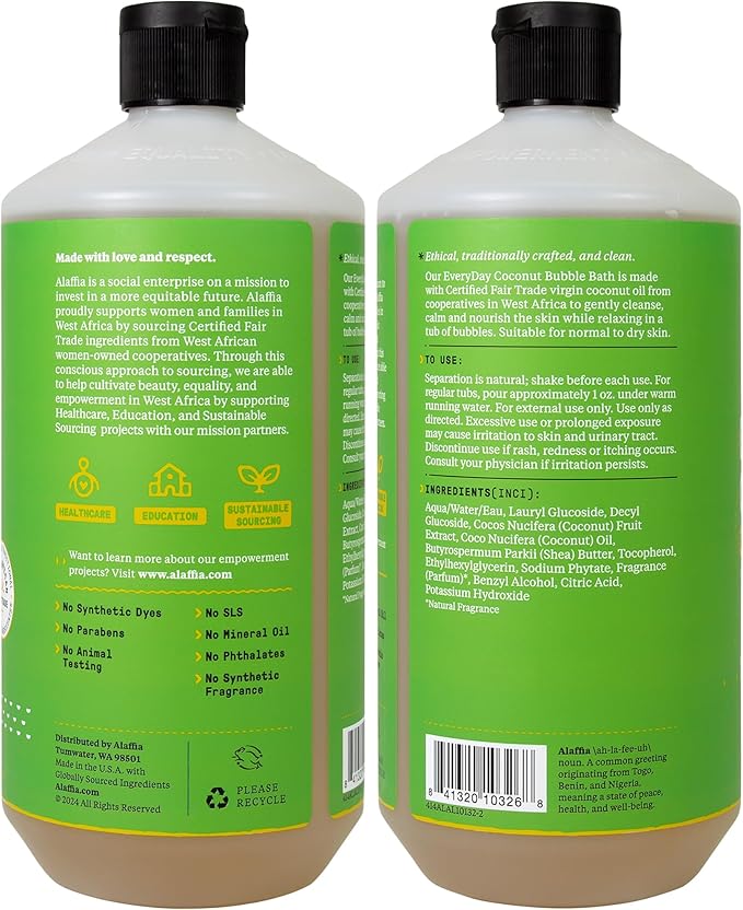 Alaffia Everyday Coconut Bubble Bath, Purely Coconut Scent, 2-Pack, 32 Oz Ea