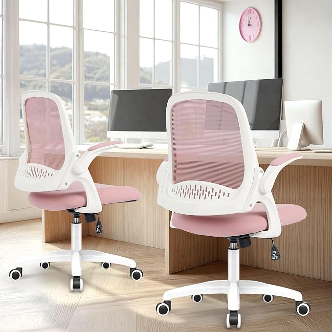 NEO Chair Office Desk Computer Gaming Ergonomic Chair with Lumbar Back Support Adjustable Height Swivel Wheels Flip-up Arms Mesh Chair for Home or Office (Pink)