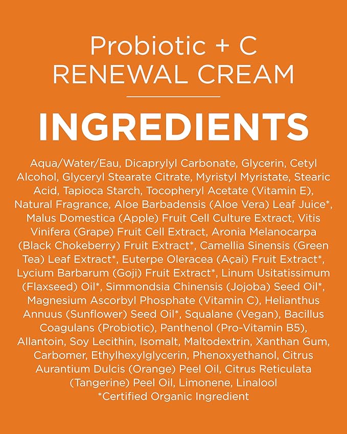 Andalou Naturals Probiotic + Vitamin C Renewal Cream - Complexion Enhancing Hydrating Face Moisturizer - Helps Promote Firmer Skin & More Even Tone - Lightweight, Non-Greasy Formula - 1.7 Oz