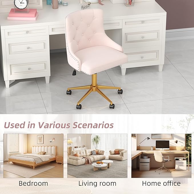 Westice Velvet Desk Chairs, Upholstered Swivel Comfy Makeup Vanity Chair with Tufted Back, Gold Metal Base & Wheels, Height Adjustable Chair for Girls, Bedroom Living Room, Light Pink