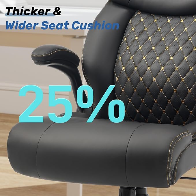 550LBS Big and Tall Office Chair, Comfy Heavy Duty Executive Chair with Adjustable Lumbar Support Double Spaces Casters, PU Leather Extra Wide Seat Ergonomic Computer Desk Chair for Back Pain, Black