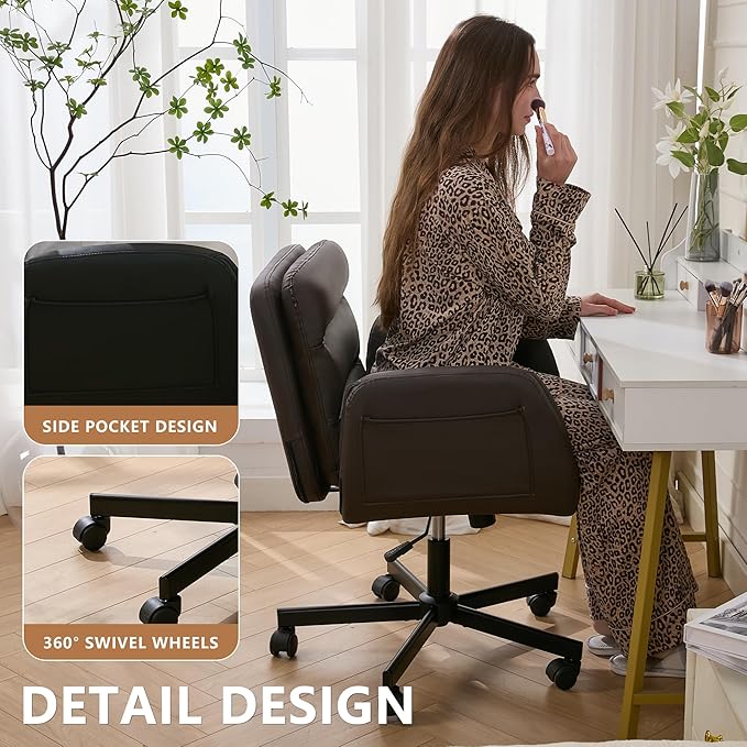 Criss Cross Chair with Flip-Up Arms & Swivel Wheels, Vanity Chair with Adjustable Height & Side Pockets, Comfortable Wide Seat Reclining Computer Office Desk Chairs for Home Office, Make Up, Bed Room