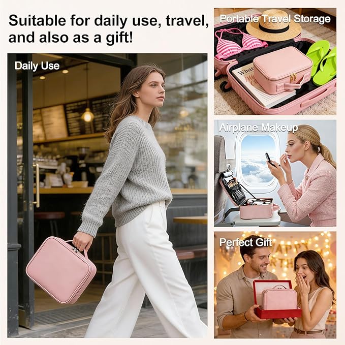 Travel Makeup Bag with Brush Holder, Professional Cosmetic Train Case Organizer for Women, Portable Travel Makeup Brush Carry Case Cosmetic Artist Storage Box with Adjustable Dividers, Leather Pink