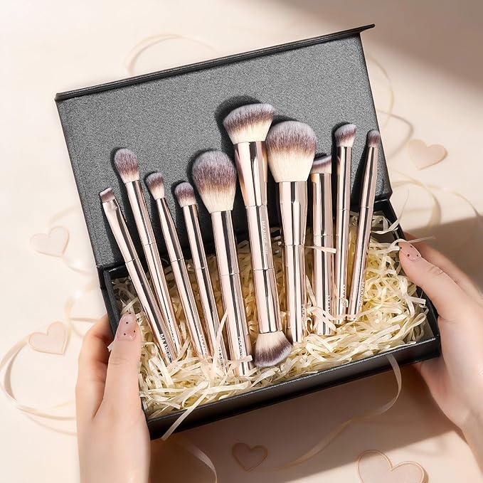 10 Pcs MAANGE Travel Makeup Brush Set with Magnetic case, Premium Synthetic Short Handle Brushes for Foundation, Powder, Concealer, Eye Shadows, Makeup Brush Tools Set(Champagne)