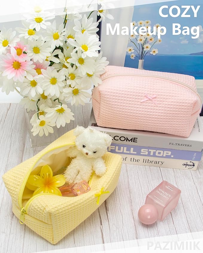 PAZIMIIK 2PCS Cozy Makeup Bag Travel Cosmetic Bag for Women Soft Toiletry Bag Aesthetic Makeup Organizer Portable Large Zipper Pouch for Skincare Beauty Accessories Brushes Waffle Check Yellow