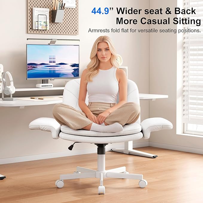 Misolant Fabric Criss Cross Chair with Armrests & Wheels for Cross-Legged Sitting, Comfortable PU Leather Vanity Chair, Office Desk Chairs with Adjustable Rocking Function, for Home, Bedroom White