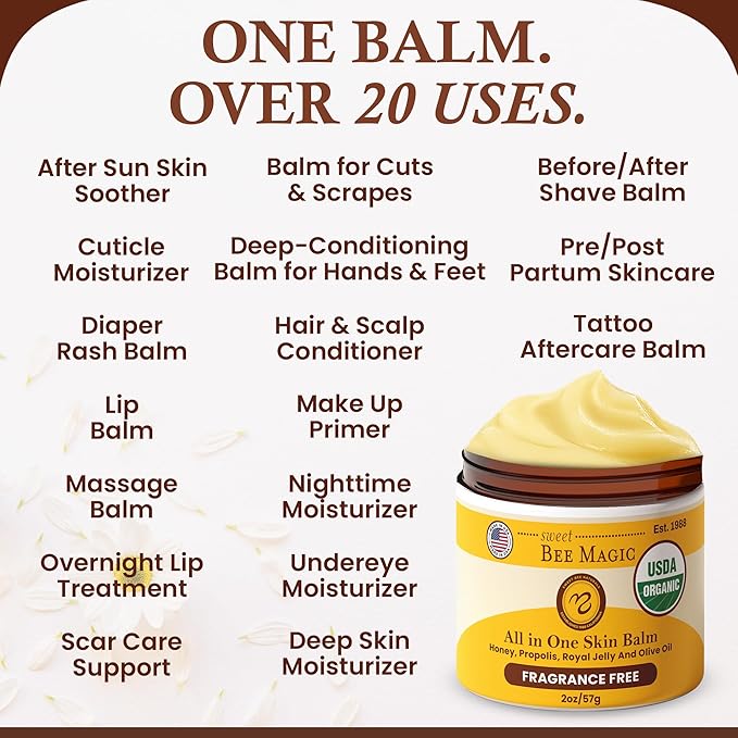 Sweet Bee Magic Organic Honey Bee Balm for Face, Skin & Body - All in One Honey Balm - Beeswax Body Moisturizer - All Natural Aid - 1 jar (2oz)