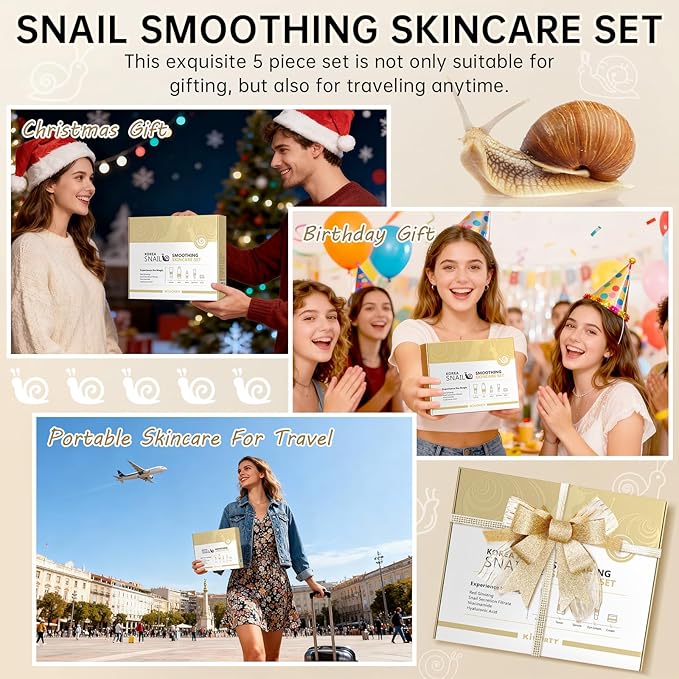 Snail Skin Care Set with Red Ginseng - 5PCS Korean Skin Care Set with Facial Cleanser, Toner, Serum, Eye Cream & Face Cream - Moisturizing and Smoothing Skin - Skincare Gifts for Women Teen Girls