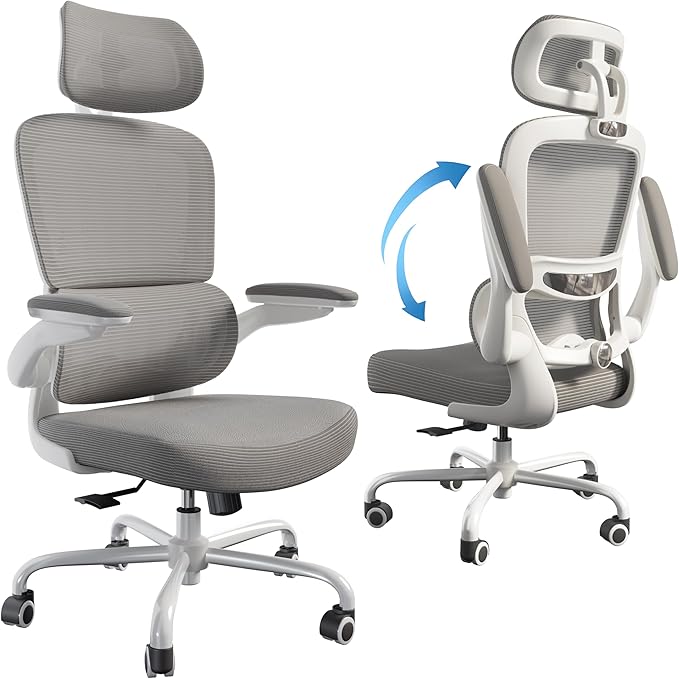 TRALT Ergonomic Office Chair - Desk Chair with Adjustable Headrest Lumbar Support Computer Chair - Mesh Comfy Chair with Flip-up Armrests - Gaming Chairs for Adults Home Office (Leather, Grey)