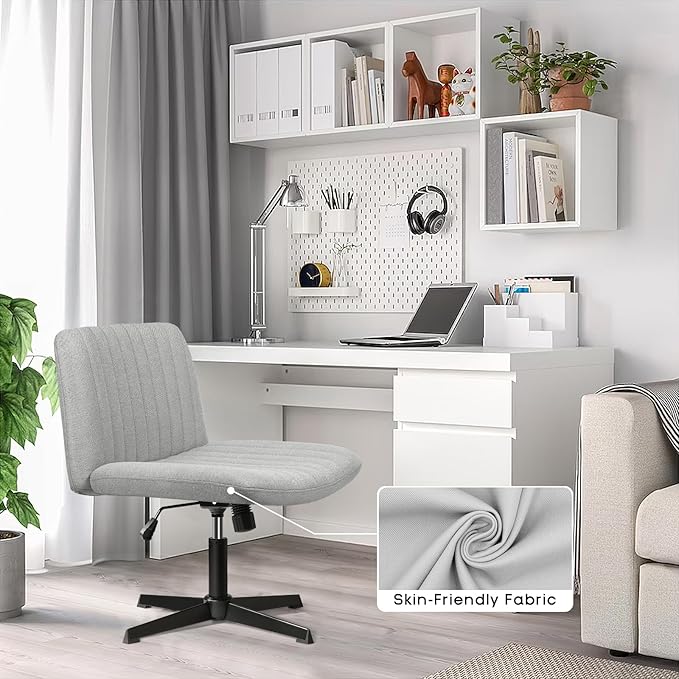 PUKAMI Criss Cross Chair,Comfy Cross Legged Office Desk Chair No Wheels,Modern Fabric Swivel Adjustable Height Mid Back Wide Seat for Home Office Computer (Grey)