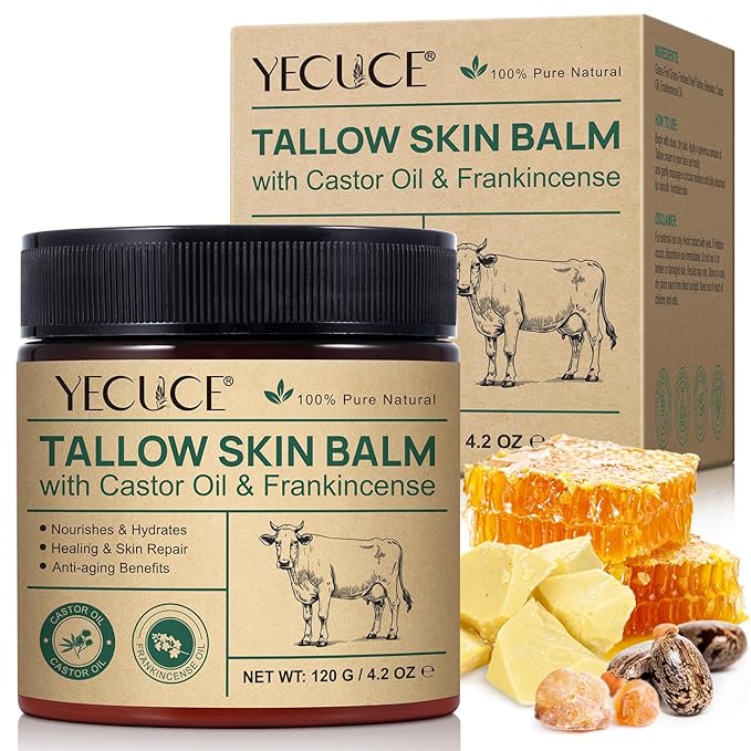 Beef Tallow for Skin with Castor Oil and Frankincense, 4.2 oz Grass-Fed Tallow Cream, Face & Body Moisturizer for Dry Skin