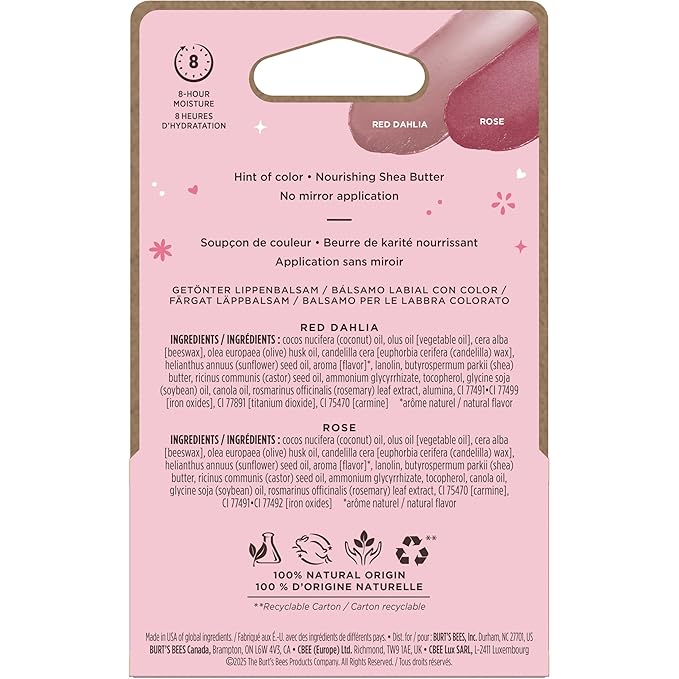 Burt's Bees Lip Tint Balm, Long Lasting 2 in 1 Duo Tinted Balm Formula, Color Infused with Hydrating Shea Butter for a Natural Looking Buildable Finish, Red Dahlia + Rose (2-Pack)