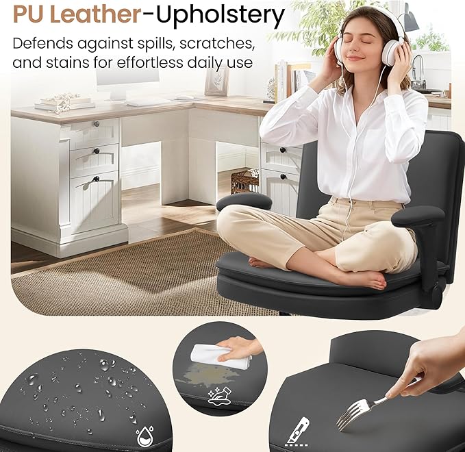 Criss Cross Office Chair with Wheels - PU Leather Wide Criss Cross Desk Chair with Flip-up Arms and Thick Cushion - Comfy Tilting Swivel Rolling Vanity Chair for Home Office Bedroom Apartment